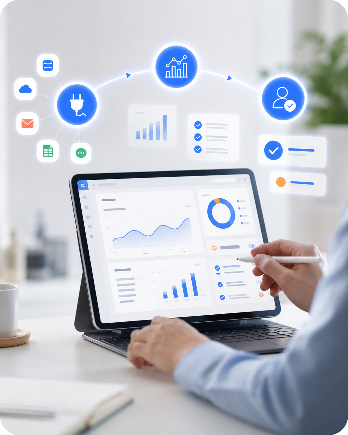 Modern tech workspace with interactive dashboard
