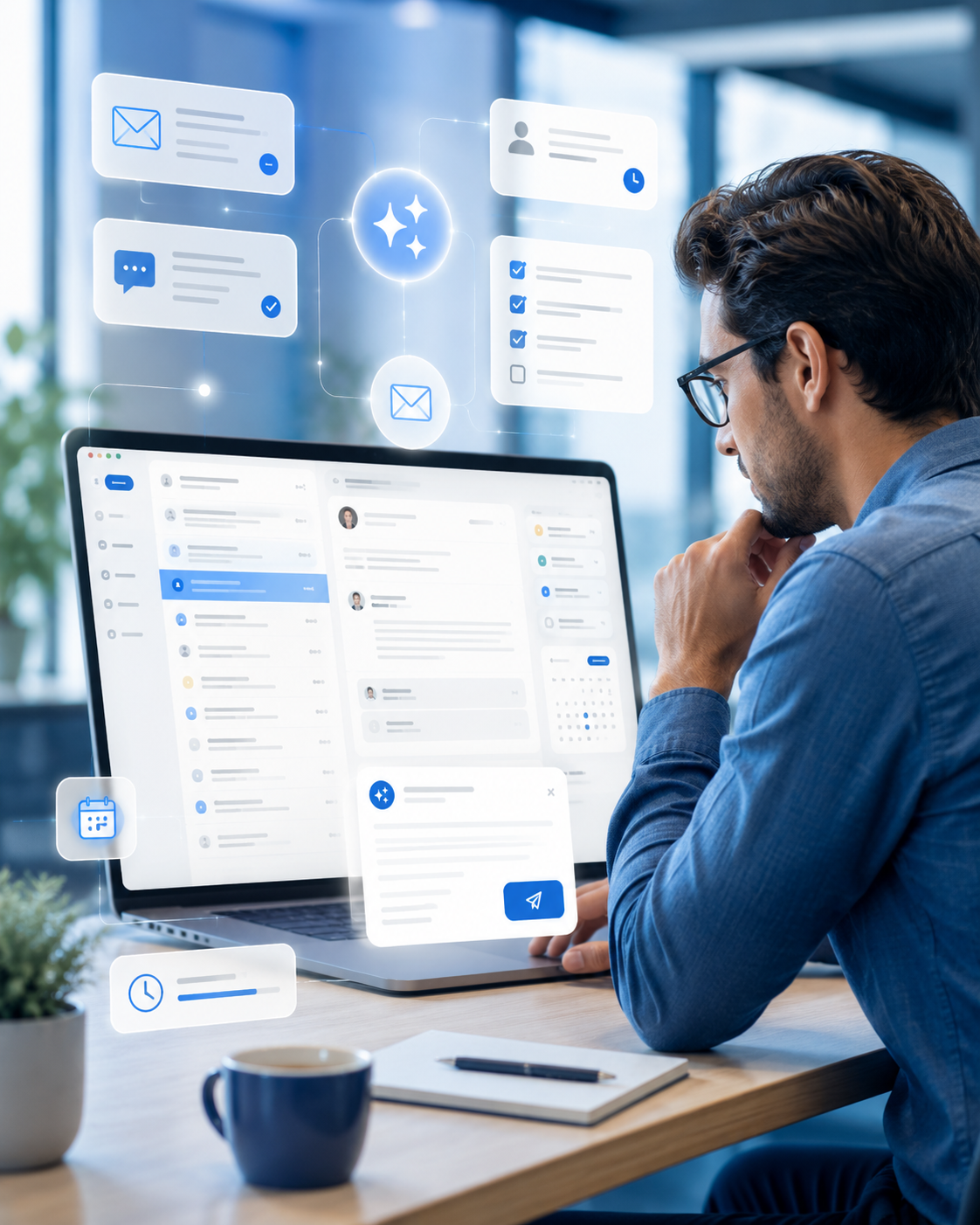 Reflective Tech Workspace with AI Workflow Widgets