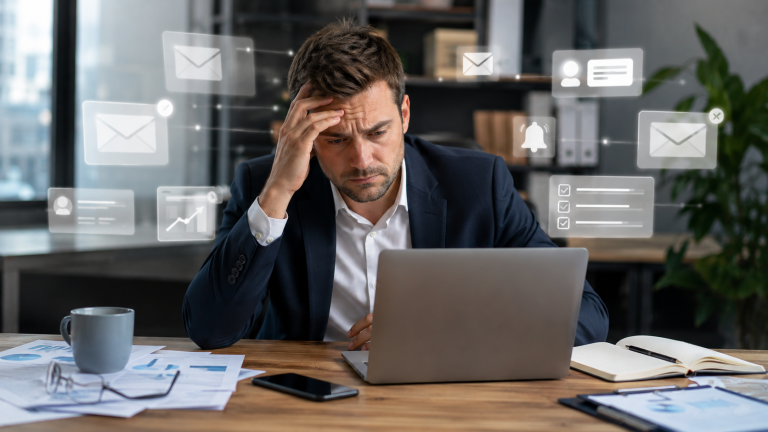 Stressed Professional Amid Digital Overload