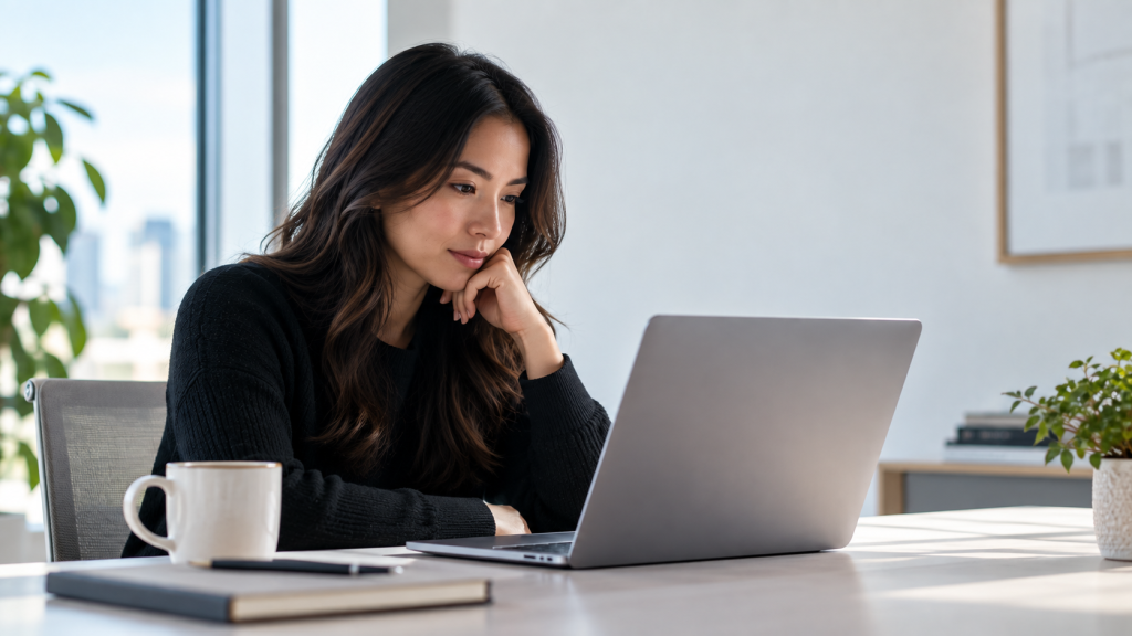Focused Woman in a Minimalist Workspace