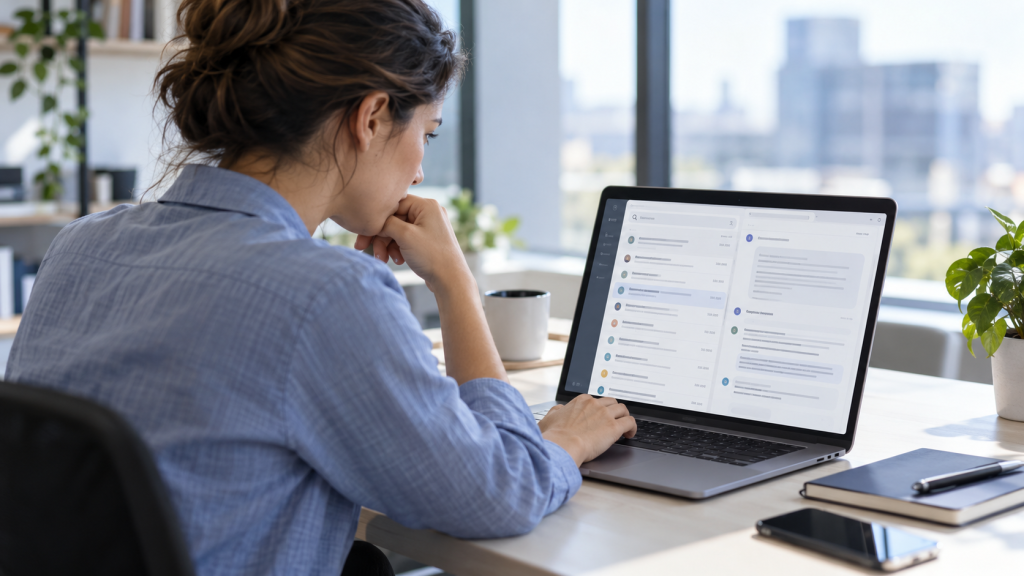 Business professional searching AI conversation history on a laptop to retrieve previous discussions and lost context.